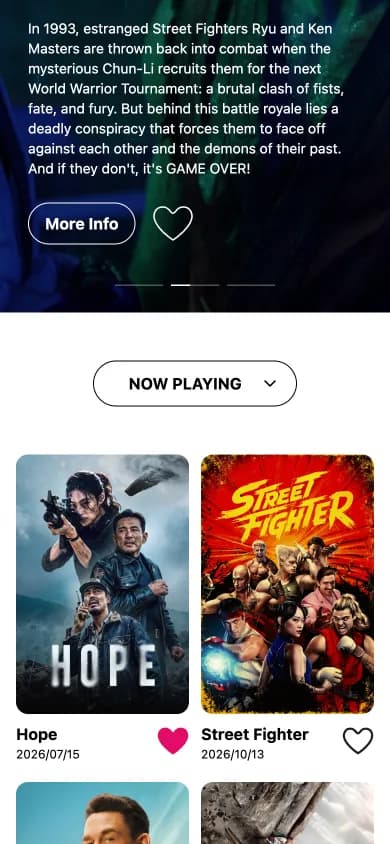 Movie Database mobile homepage showing the responsive layout, movie posters, and category navigation.