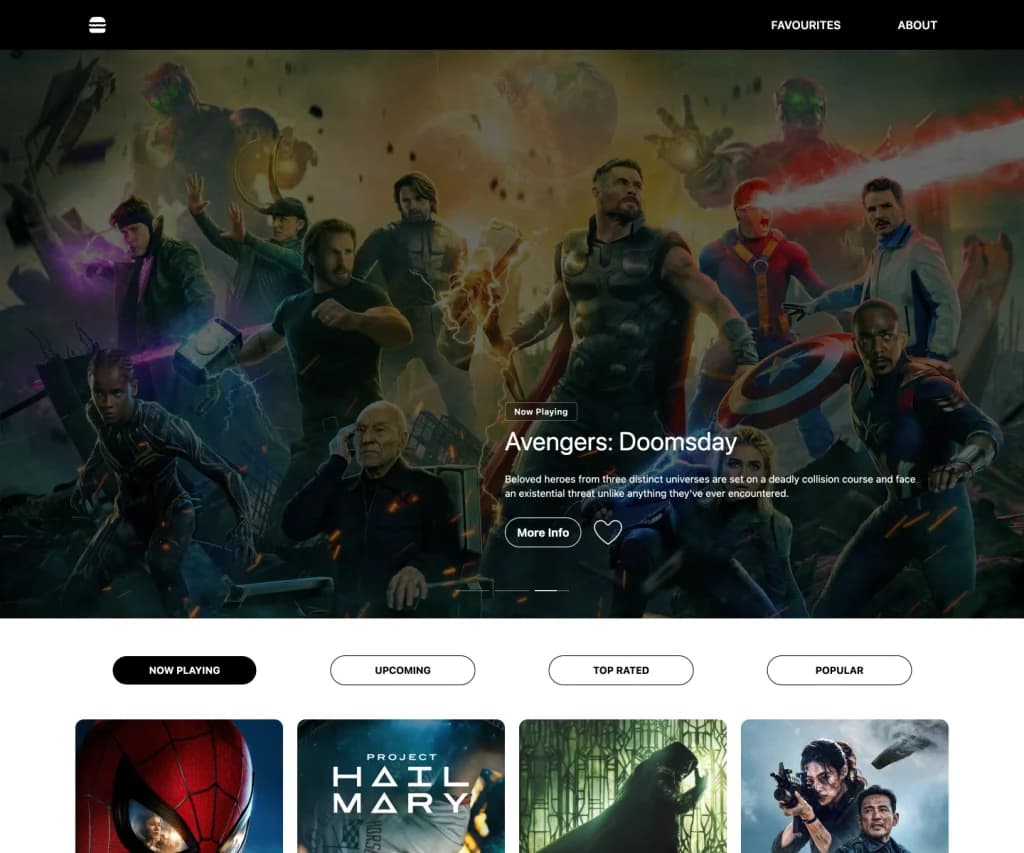 Movie Database homepage displayed on desktop, featuring a movie hero section, category navigation, and movie listings.