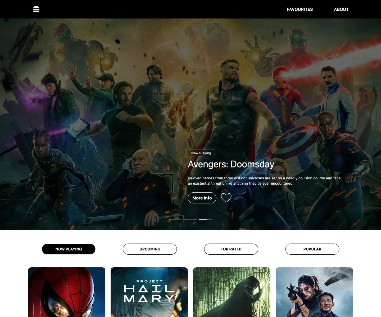 Movie Database homepage displayed on desktop, featuring a movie hero section, category navigation, and movie listings.