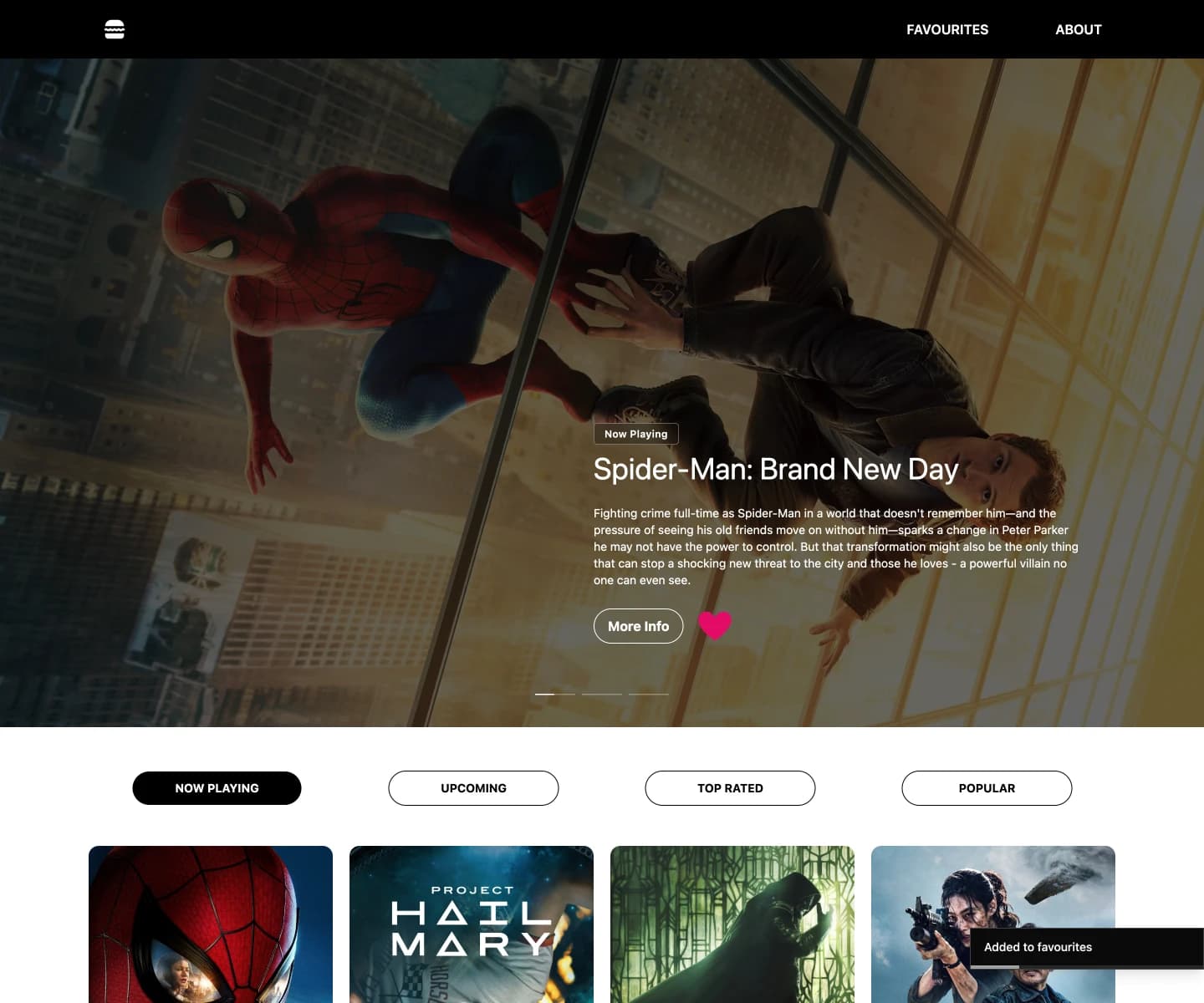 Movie Database interface showing a toast notification confirming that a movie was added to favourites.
