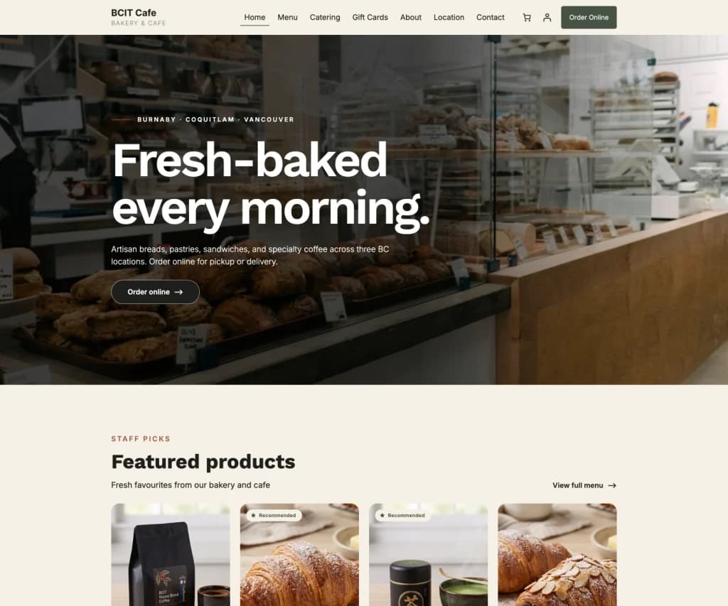 BCIT Cafe homepage displayed on desktop, featuring the hero section with its main heading and navigation.