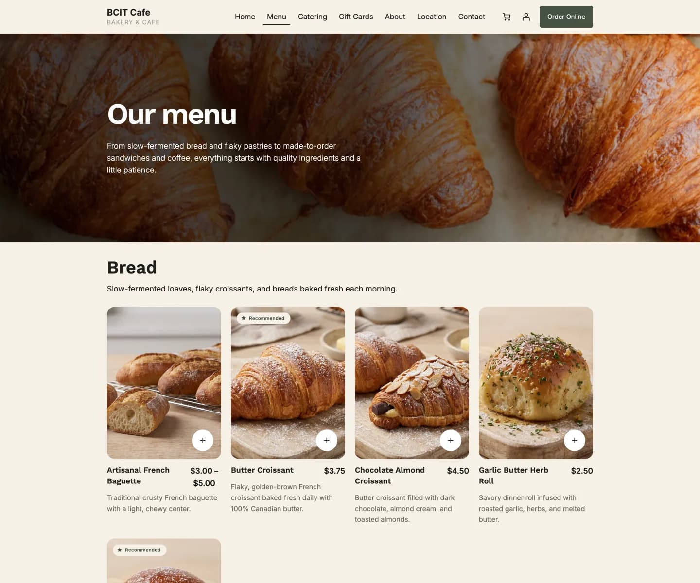 BCIT Cafe desktop menu page displaying product categories and a grid of food and drink items.