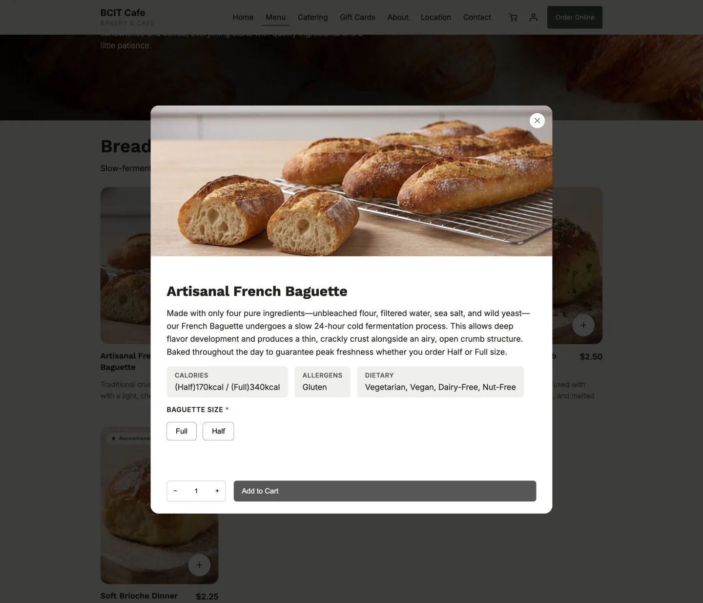 BCIT Cafe desktop product modal displaying product details, selectable customization options, and ordering controls.