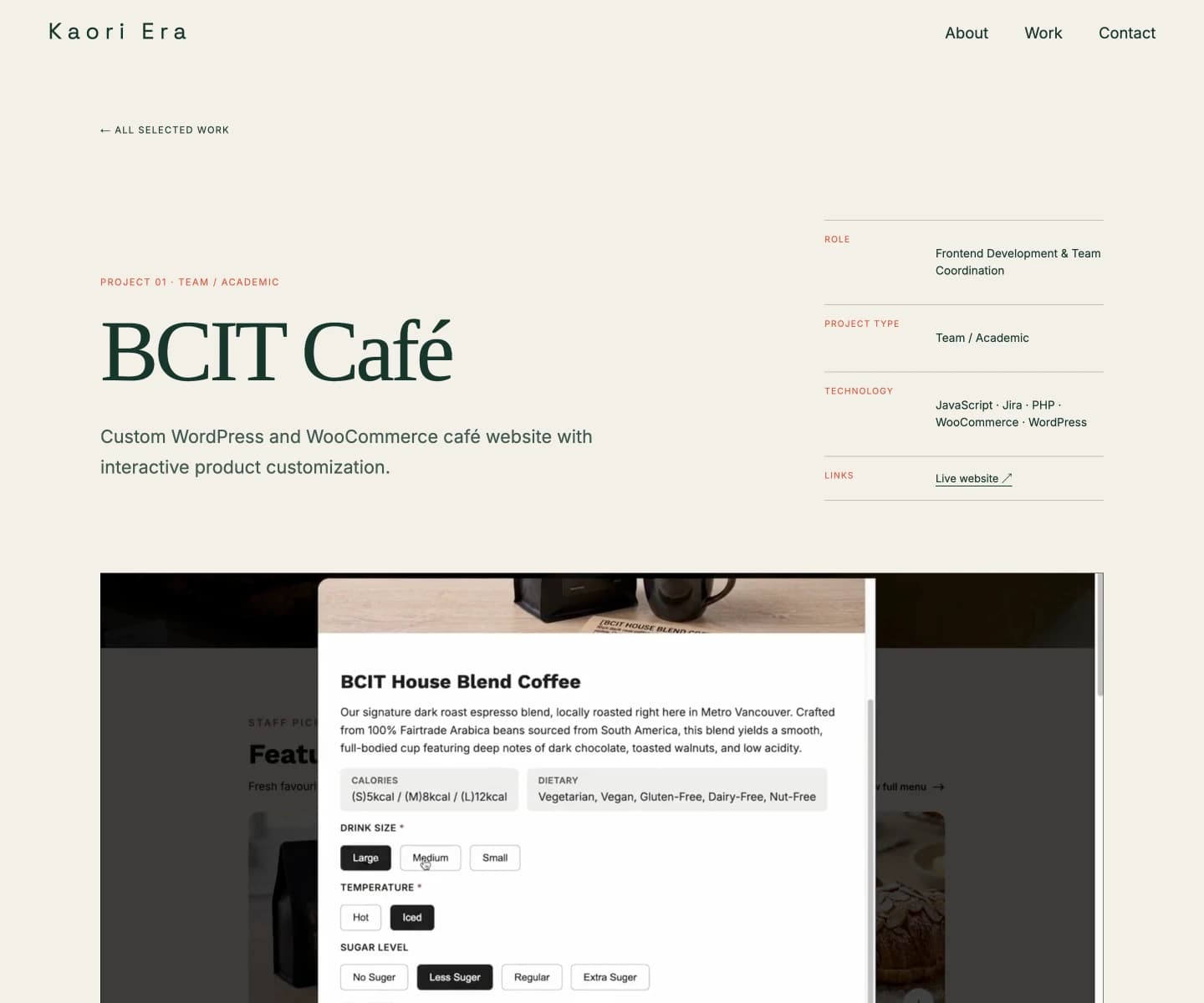 Portfolio project details page featuring technical implementation explanations, challenges and solutions, and reusable content sections.