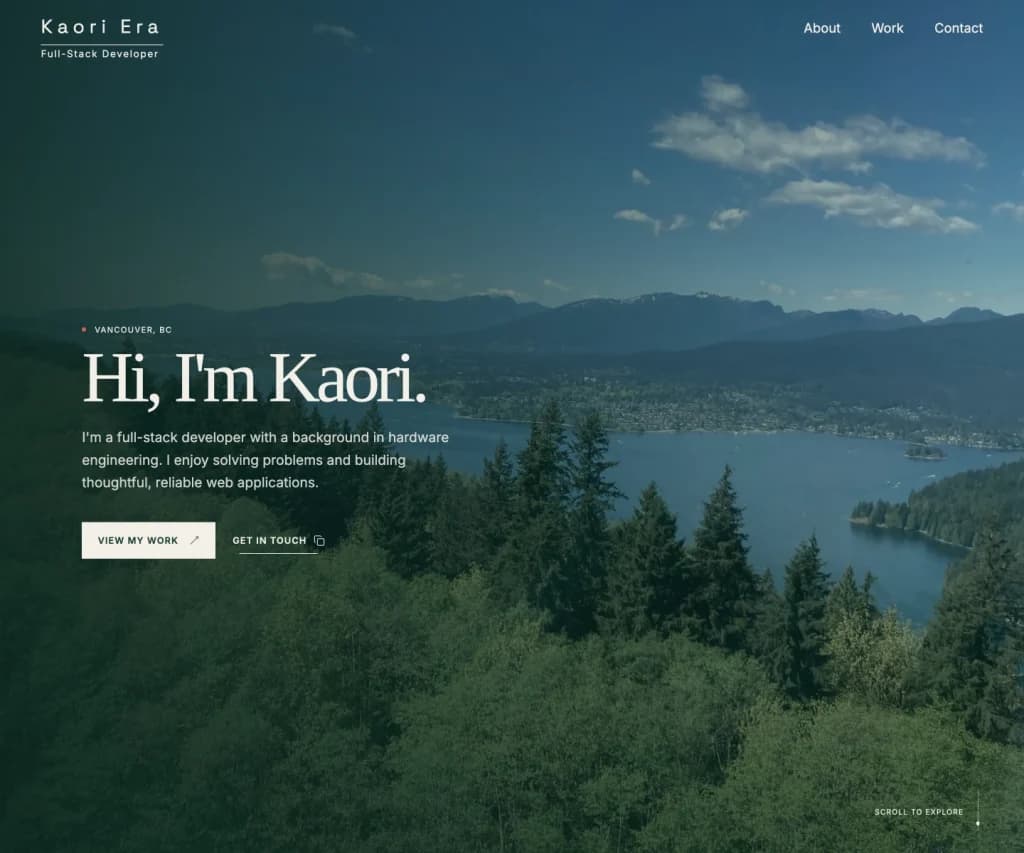 Personal portfolio homepage featuring a full-screen hero image, introductory headline, and navigation menu.