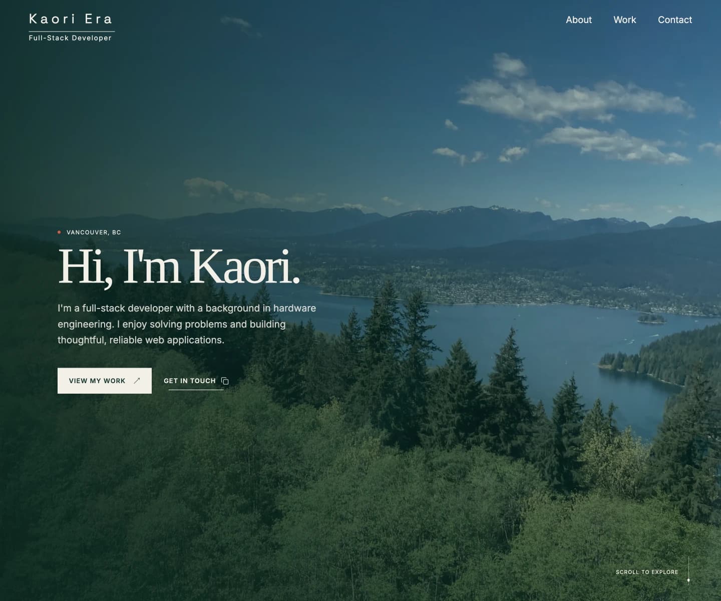 Personal portfolio homepage featuring a full-screen hero image, introductory headline, and navigation menu.